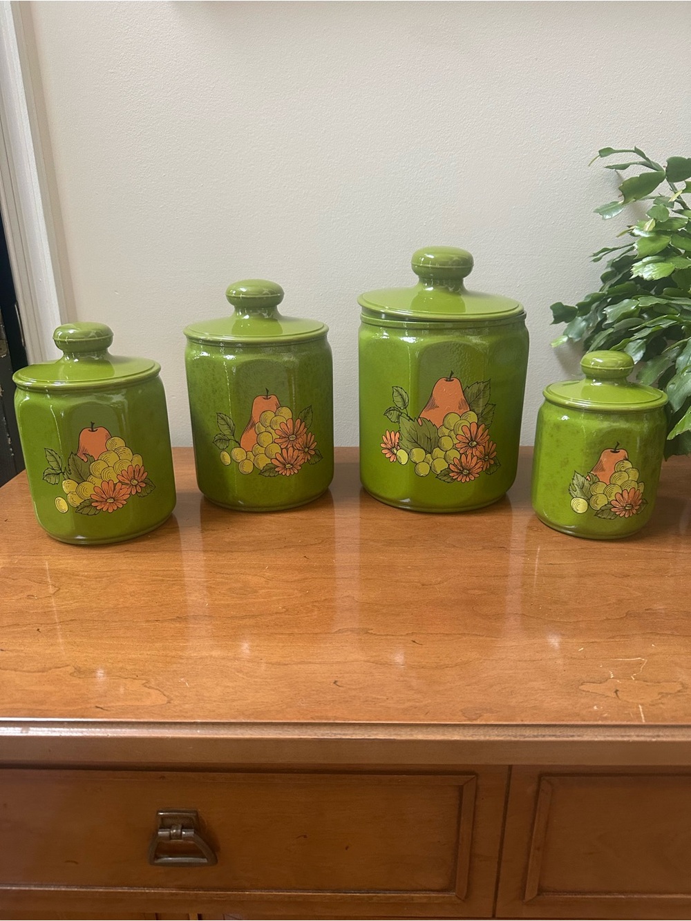 Vintage MCM Kromex Green Tin  Canister Set with Fruit Motif